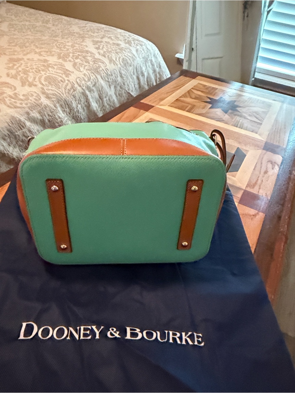 Dooney & Bourke Aqua Leather Drawstring Shoulder Bag with Tan Trim - Picture 3 of 4